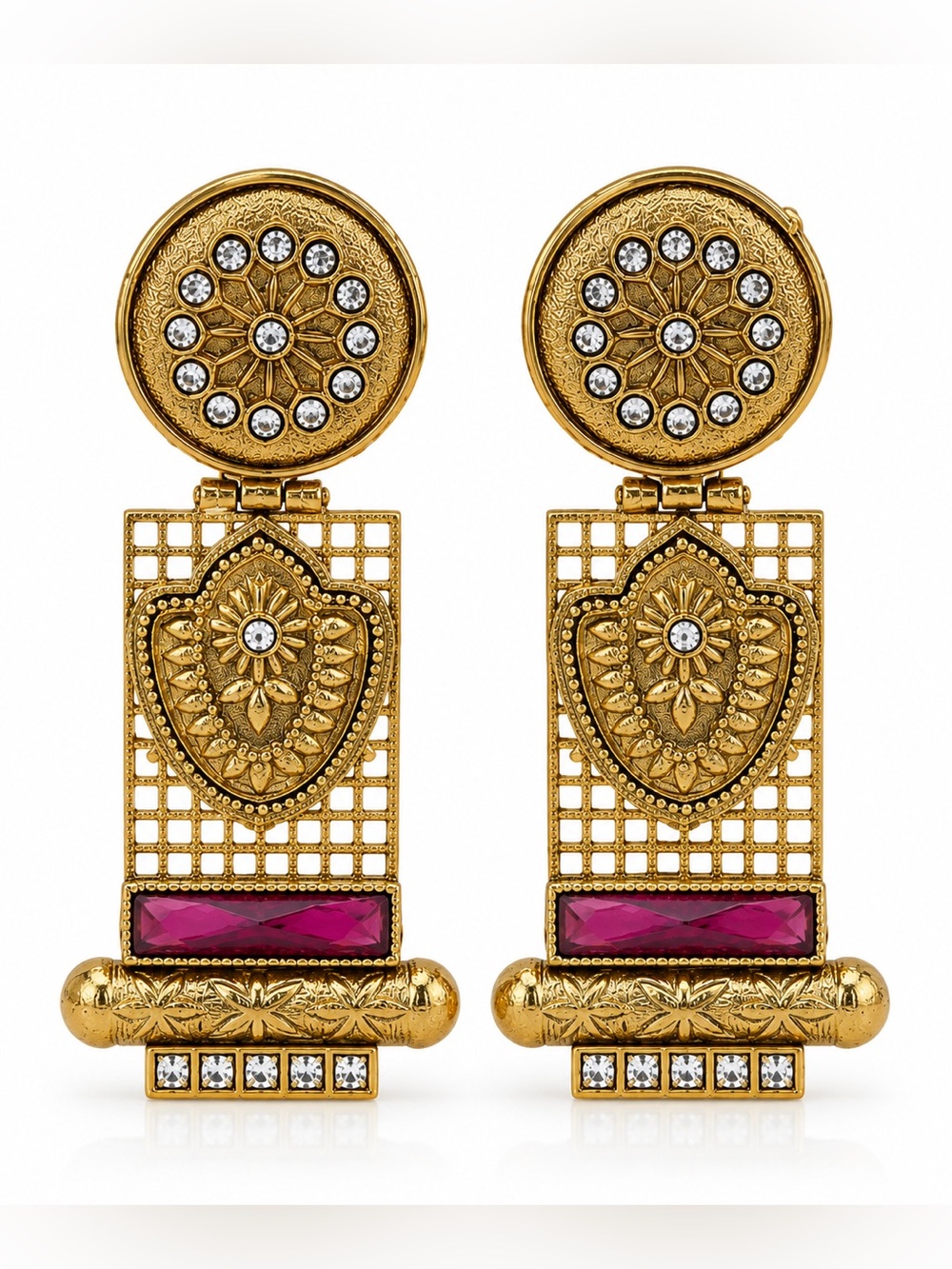Gold-Tone Filigree Drop Earrings with Fuchsia Accents